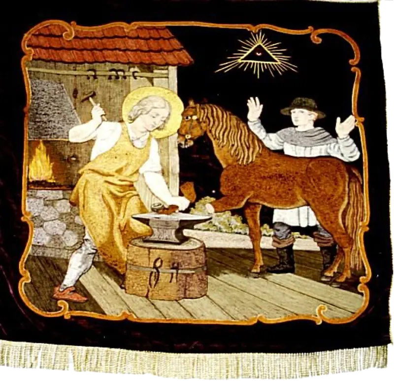 Rückseite der Standarte: der heilige Eligius beschlägt in der Schmiede ein Pferdebein, daneben das Pferd und ein staunender Knecht